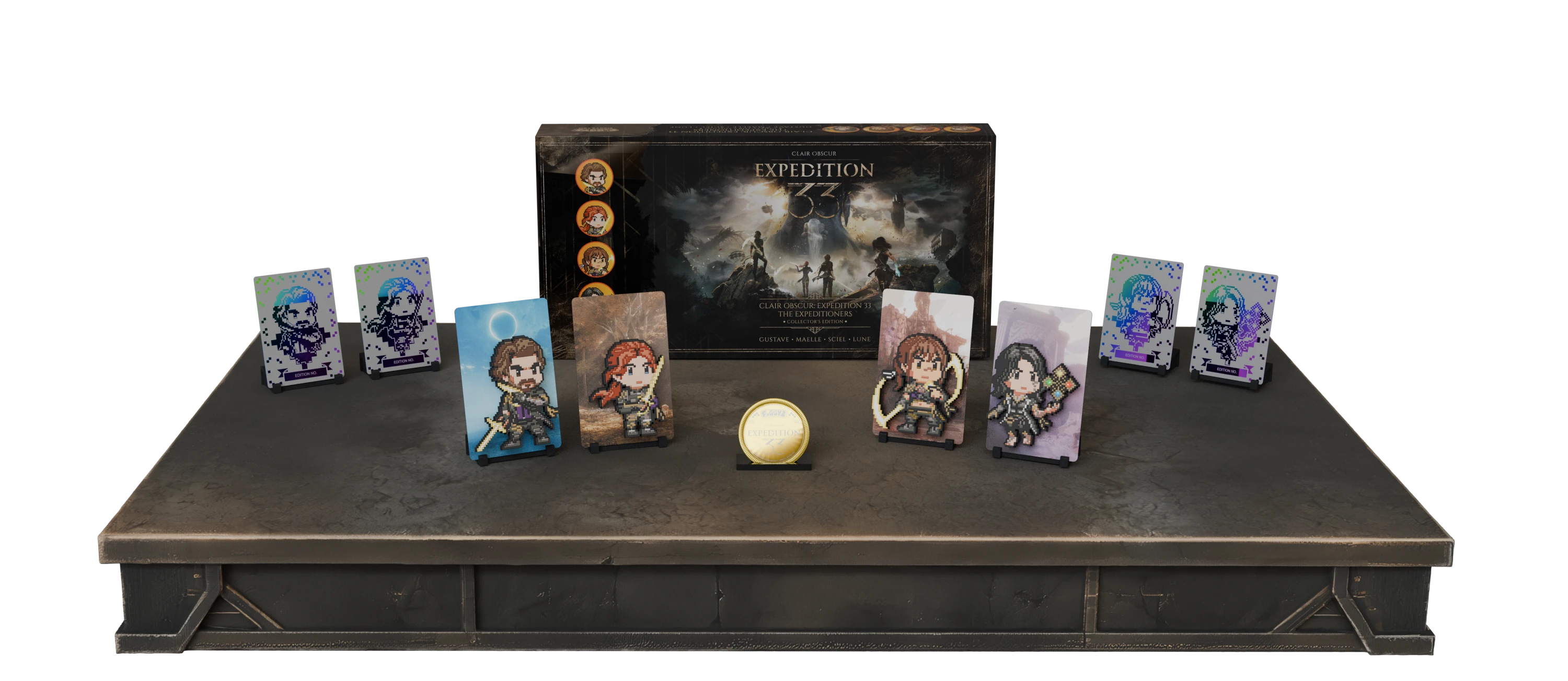 The Expeditioners Collector's Box Set - the four FiGGYZ, painted display box, holo plates, and numbered coin laid out on the pedestal
